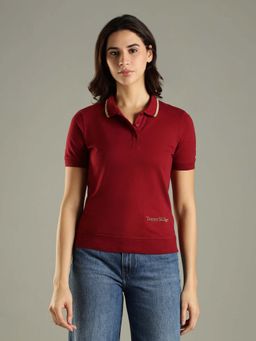 Tommy Hilfiger - Red Solid Logo Regular Fit Cotton Polo T-Shirt