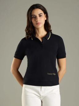 Tommy Hilfiger - Navy Blue Solid Logo Regular Fit Cotton Polo T-Shirt
