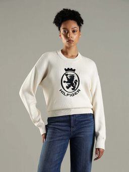 Tommy Hilfiger - Off White Regular Fit Cotton Crew Neck Sweatshirt