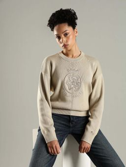 Tommy Hilfiger - Beige Regular Fit Cotton Crew Neck Sweatshirt