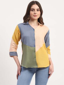 Global Republic - Multi-Color Linen Colorblock Spread Collar Shirt for Women