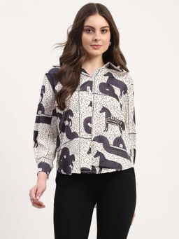Global Republic - Cream Polyester Blend Printed Spread Collar Shirt for Women