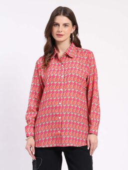 Global Republic - Pink Crepe Heart Print Spread Collar Shirt for Women