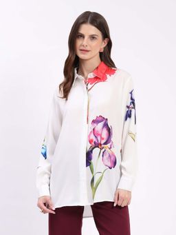Global Republic - White Crepe Digital Print Spread Collar Shirt for Women