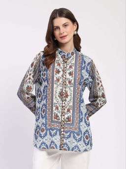 Global Republic - Blue Polyester Printed Mandarin Collar Shirt for Women