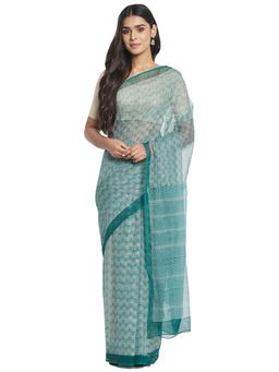 Fabindia - Teal Hand Block Print Cotton Silk Sari