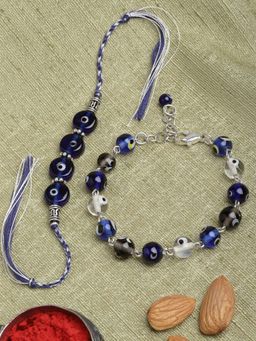 PANASH - Unisex Set Of 2 Silver-Toned Brass Evil Eye Rakhi & Lumba Bracelet With Roli Chawal