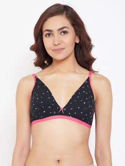 Clovia - Cotton Rich Non-Padded Non-Wired Star Print Bra In Black