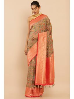 Soch - Women Grey Silk Floral Saree with Unstitched Blouse