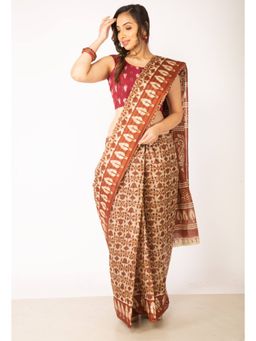 Unnati Silks - Brown Pure Krisha Block Printed Cotton Saree with Unstitched Blouse