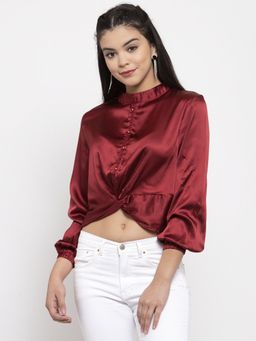 KASSUALLY - Maroon Satin Beaded Top