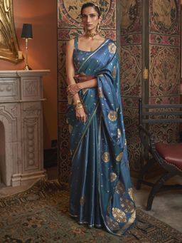 Akhilam - Womens Silk Blend Blue Woven Designer Saree with Unstitched Blouse