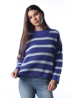 ONLY - Women Striped Regular Fit Blue Sweater