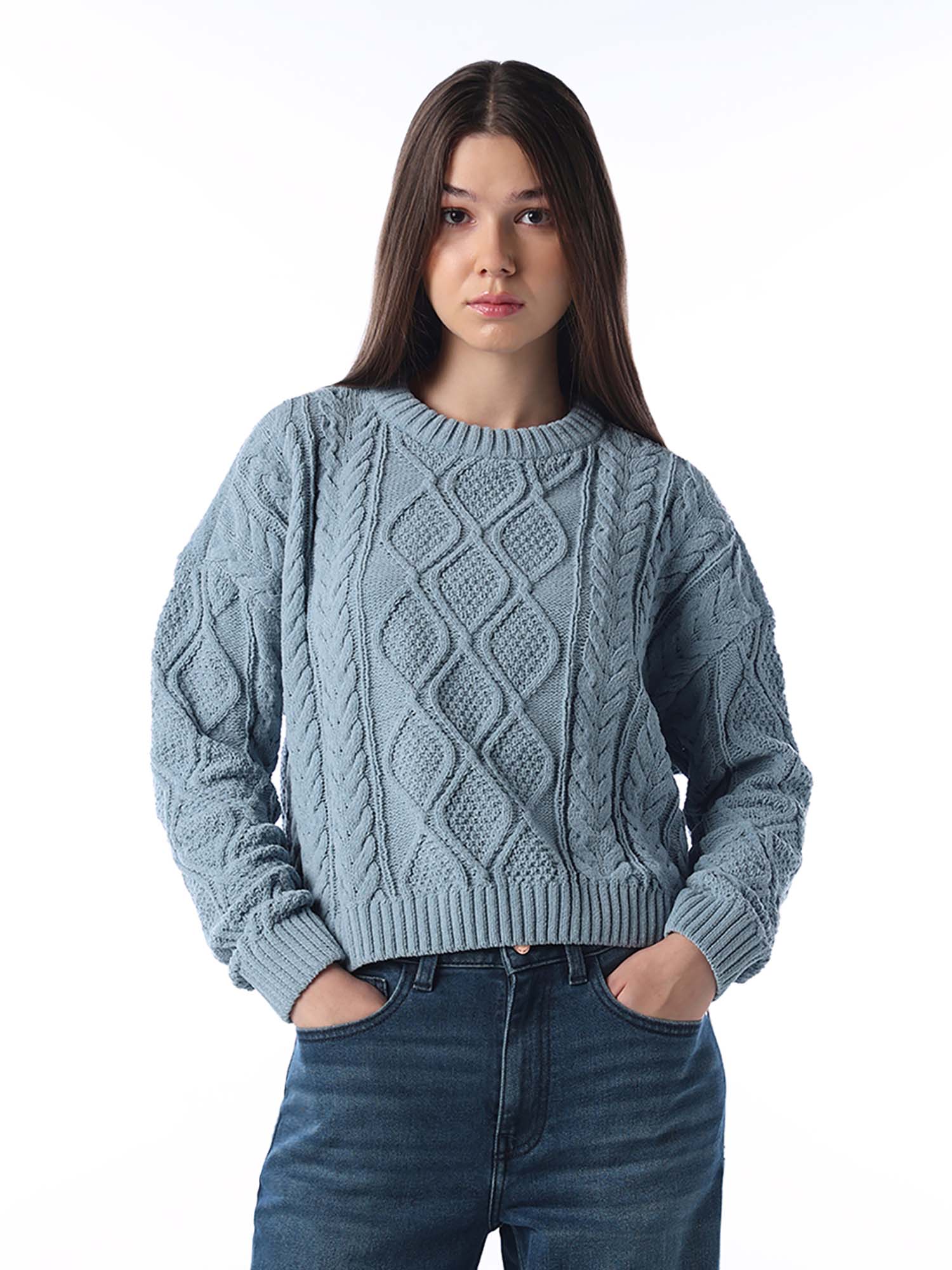 only Women Self Design Regular Fit Blue Sweater-picture-25