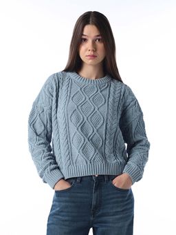 ONLY - Women Self Design Regular Fit Blue Sweater