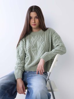 ONLY - Women Self Design Regular Fit Green Sweater