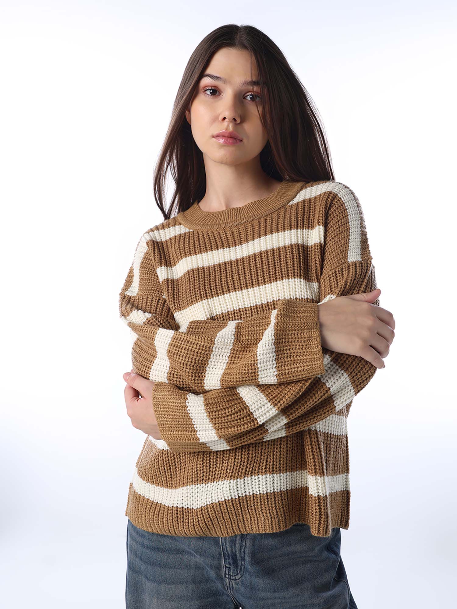 only Women Striped Regular Fit Brown Sweater-picture-28