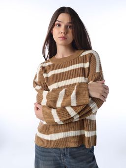 ONLY - Women Striped Regular Fit Brown Sweater