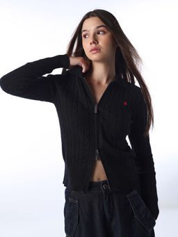 ONLY - Women Self Design Slim Fit Black Cardigan