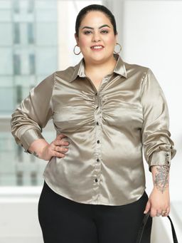 Martini - Brown Satin Plus Size Curve Ruched Shirt
