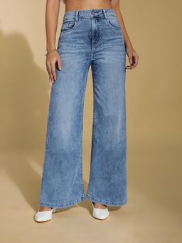 Miss Chase - Women's Light Blue Wide-Leg High-Rise Denim Jeans