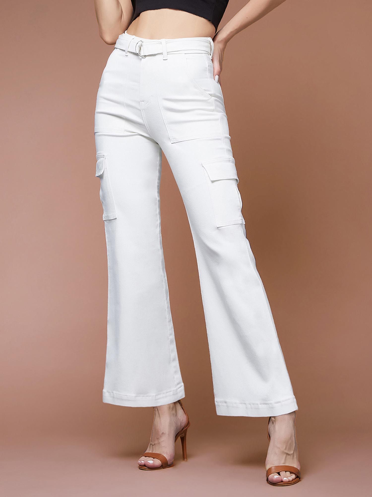 miss chase Women's White Wide Leg High Rise Denim Jeans with Belt-picture-12