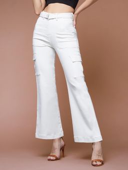 Miss Chase - Women's White Wide Leg High Rise Denim Jeans with Belt