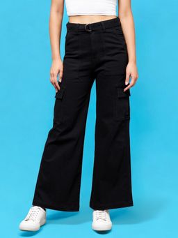 Miss Chase - Women's Black Wide Leg High Rise Denim Jeans with Belt