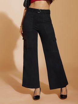 Miss Chase - Women's Black Wide Leg High Rise Denim Jeans with Belt