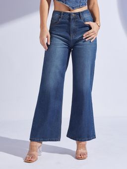 Miss Chase - Women's Navy Blue Wide-Leg High-Rise Denim Jeans
