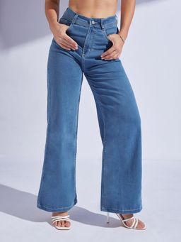 Miss Chase - Women's Blue Wide-Leg High-Rise Denim Jeans