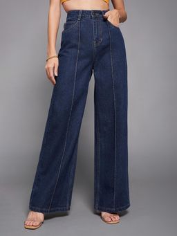 Miss Chase - Women's Navy Blue Wide-Leg High-Rise Denim Jeans