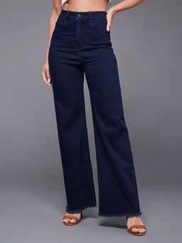 Miss Chase - Women's Navy Blue Wide-Leg High-Rise Denim Jeans