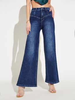Miss Chase - Women's Blue High Rise Denim Wide-Leg Jeans