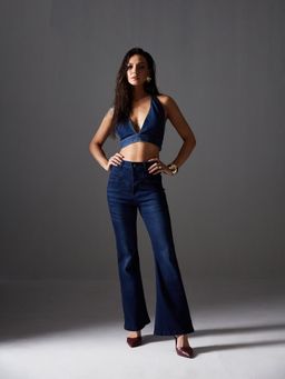 Miss Chase - Women's Navy Blue Bootcut High Rise Denim Jeans