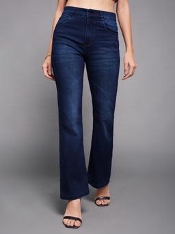Miss Chase - Women's Navy Blue Wide Leg Mid Rise Denim Jeans