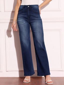 Miss Chase - Women's Navy Blue Straight-Fit Mid-Rise Denim Jeans
