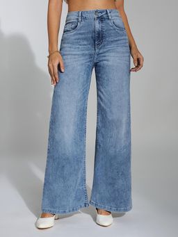 Miss Chase - Women's Light Blue Wide-Leg High-Rise Denim Jeans