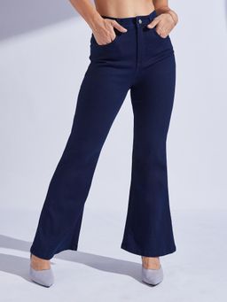 Miss Chase - Women's Navy Blue Bootcut High Rise Denim Jeans