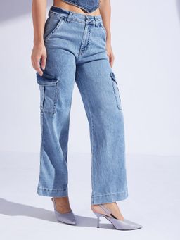 Miss Chase - Women's Light Blue Wide-Leg High-Rise Denim Jeans