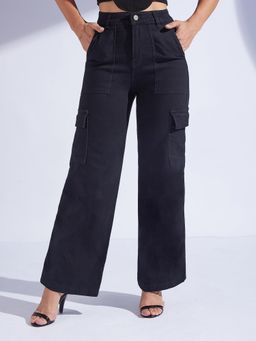 Miss Chase - Women's Black Wide Leg High Rise Denim Jeans with Belt