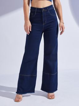 Miss Chase - Women's Navy Blue Wide Leg High Rise Denim Jeans