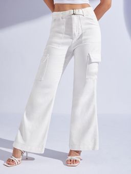 Miss Chase - Women's White Wide Leg High Rise Denim Jeans with Belt