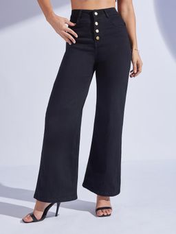 Miss Chase - Women's Black Wide Leg High Rise Denim Jeans