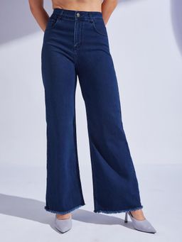 Miss Chase - Women's Navy Blue Wide-Leg High-Rise Denim Jeans