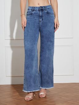 Miss Chase - Women's Mid-Blue Wide-Leg High Rise Denim Jeans