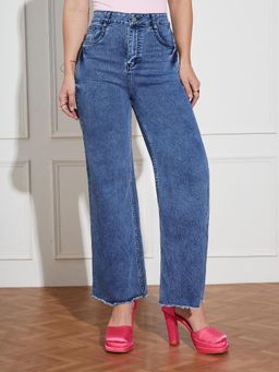 Miss Chase - Women's Navy-Blue Wide Leg High-Rise Denim Jeans