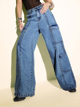 Miss Chase - Women's Light Blue Wide-Leg High Rise Denim Jeans