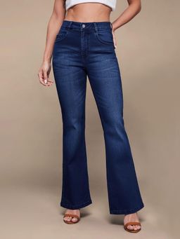 Miss Chase - Women's Navy Blue High-Rise Bootcut Denim Jeans