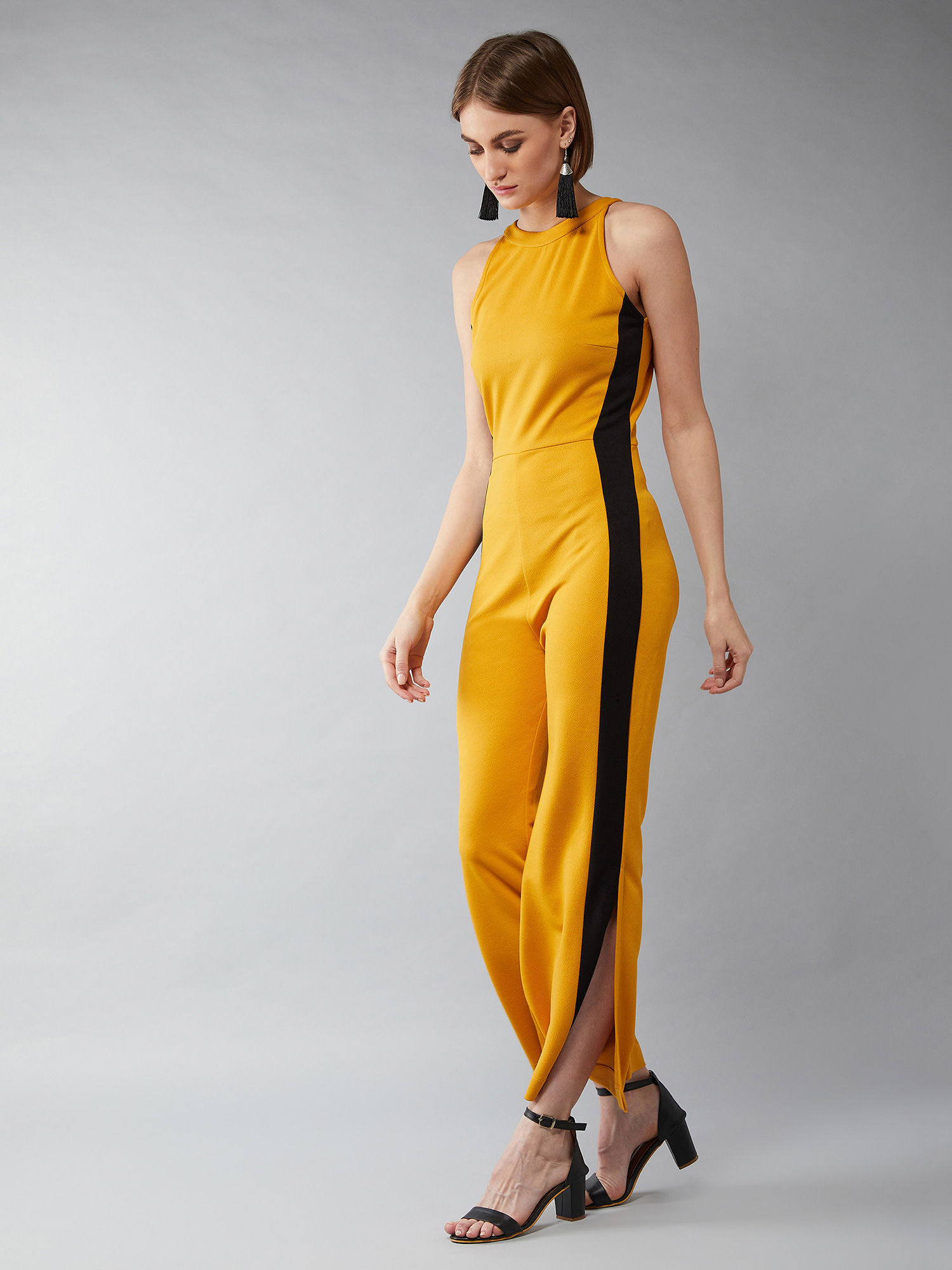 Mustard Halter Neck Sleeveless Solid Flared Jumpsuit-image-15